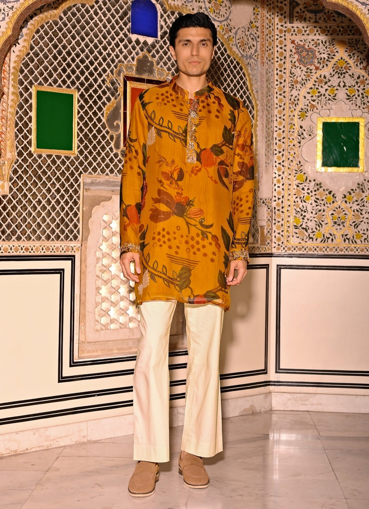 Mustard Yellow Printed Organza Kurta