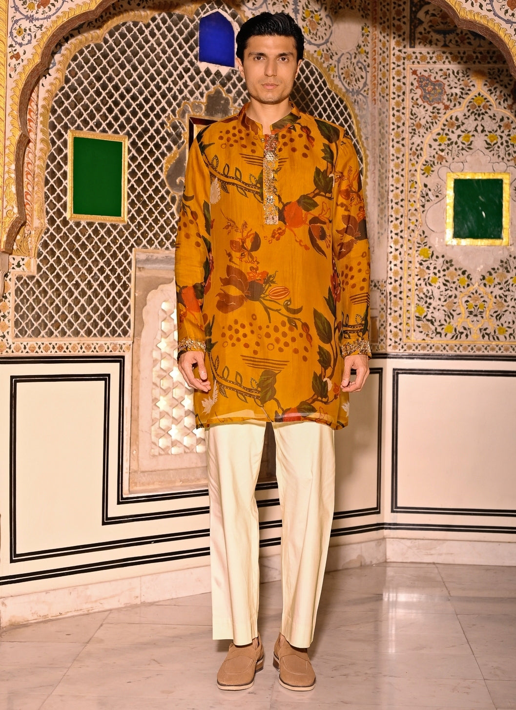 Mustard Yellow Printed Organza Kurta