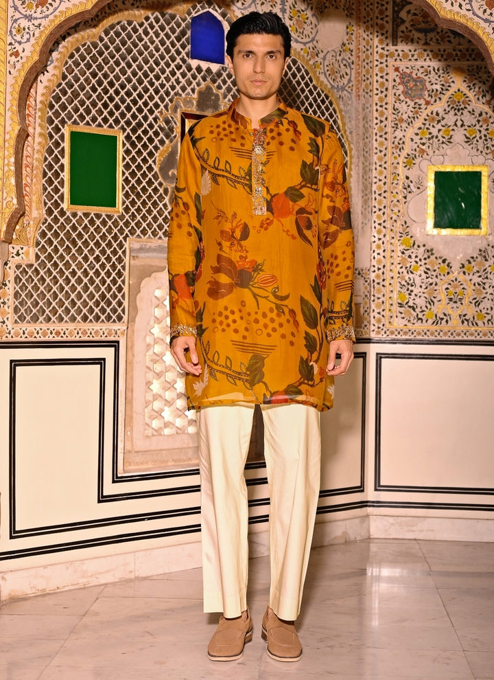 Mustard Yellow Printed Organza Kurta Pants Set