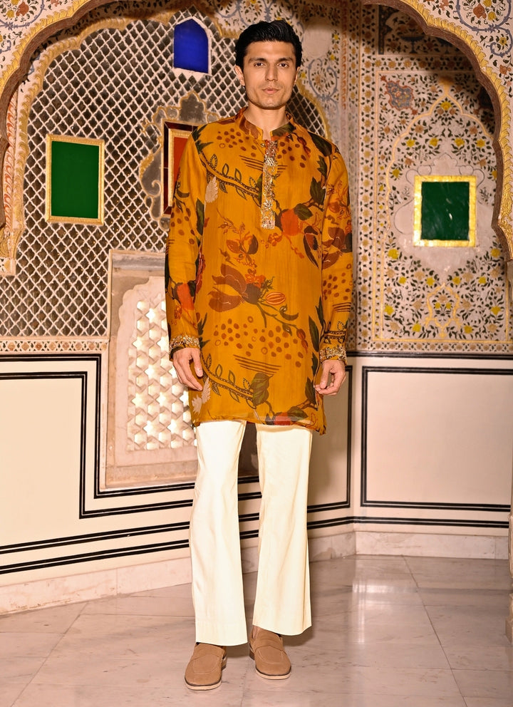 Mustard Yellow Printed Organza Kurta Pants Set