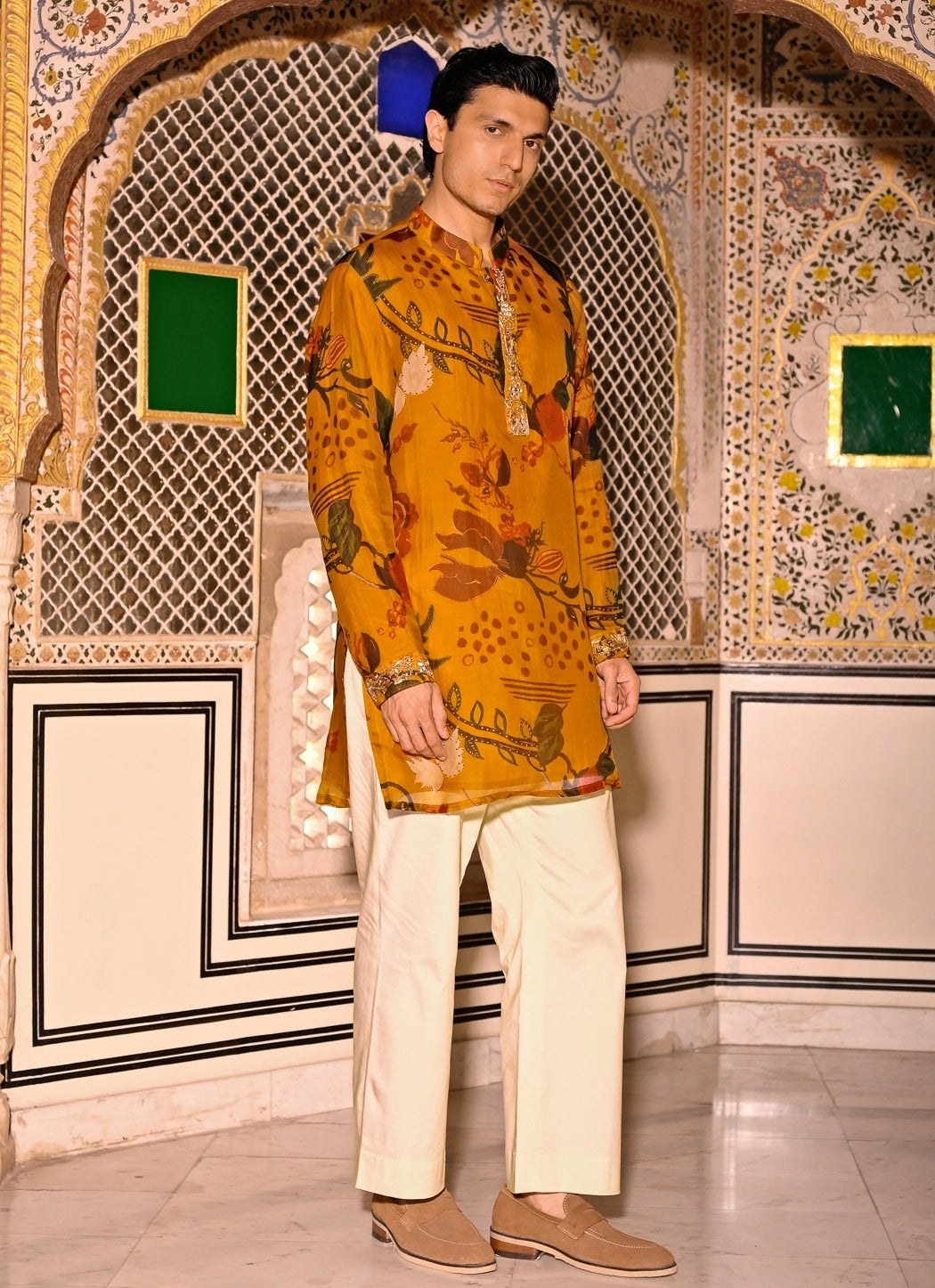 Mustard Yellow Printed Organza Kurta Pants Set