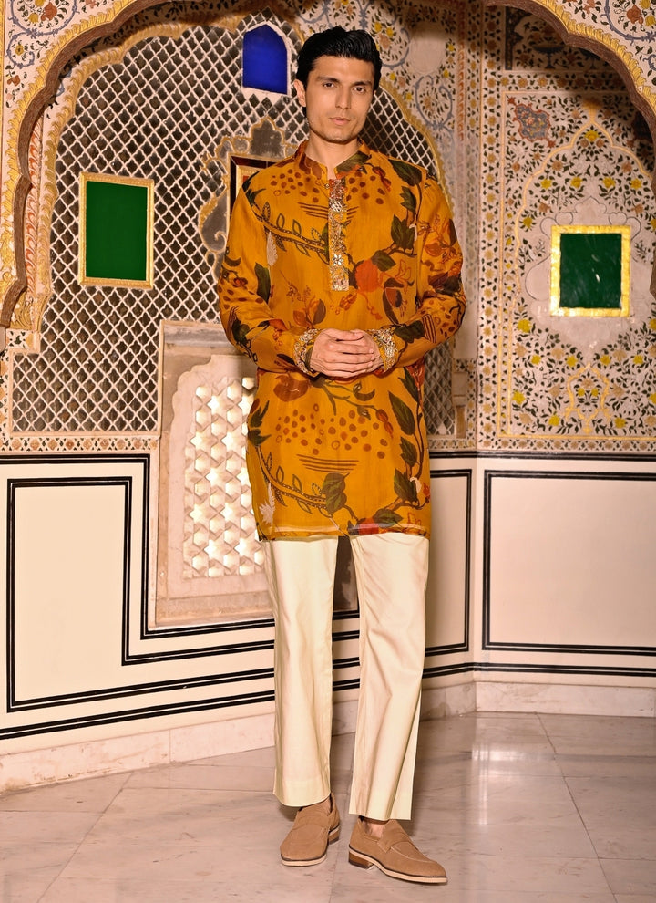 Mustard Yellow Printed Organza Kurta Pants Set