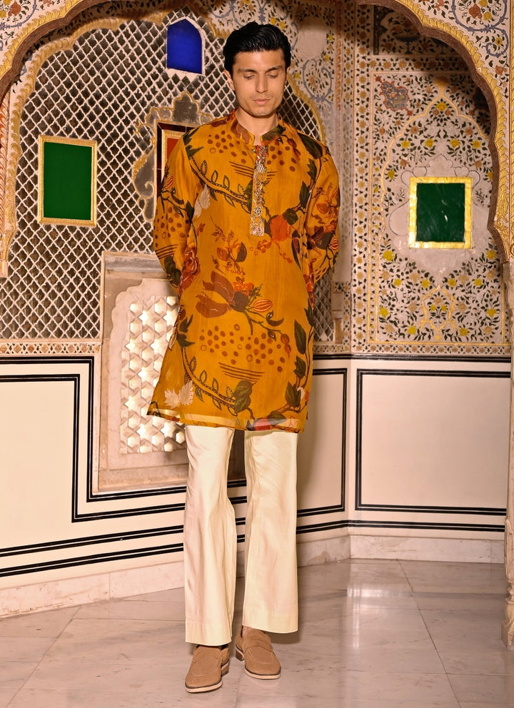 Mustard Yellow Printed Organza Kurta Pants Set