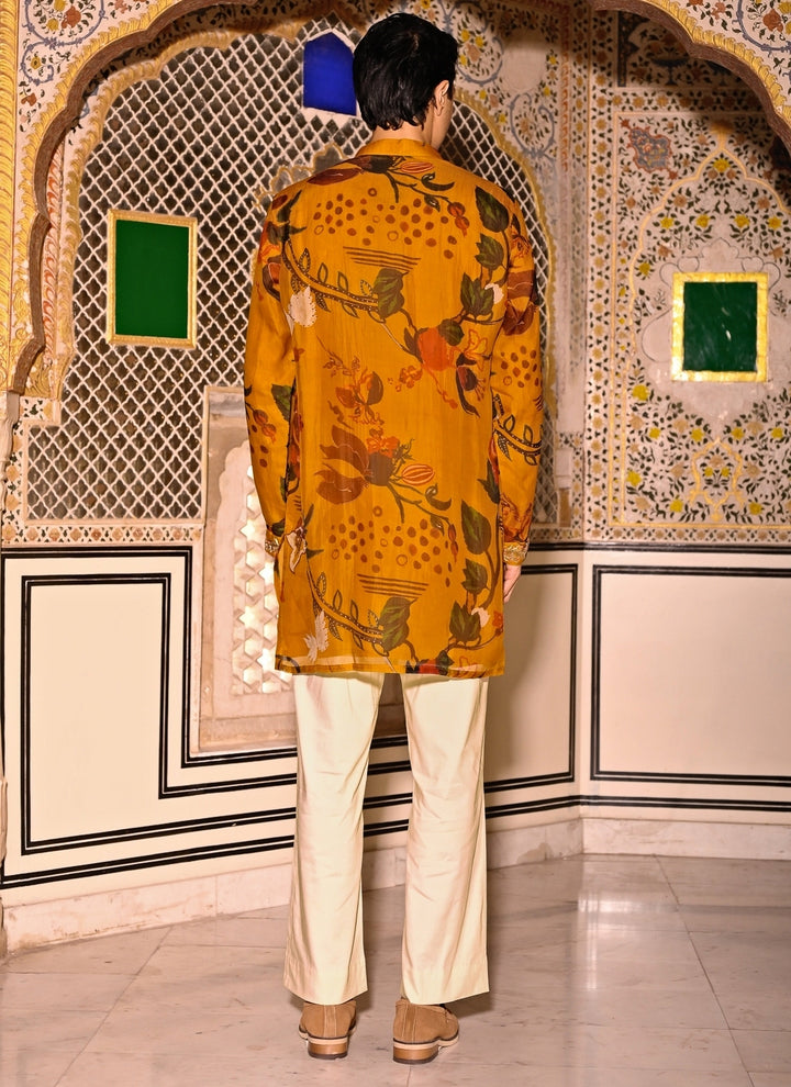 Mustard Yellow Printed Organza Kurta