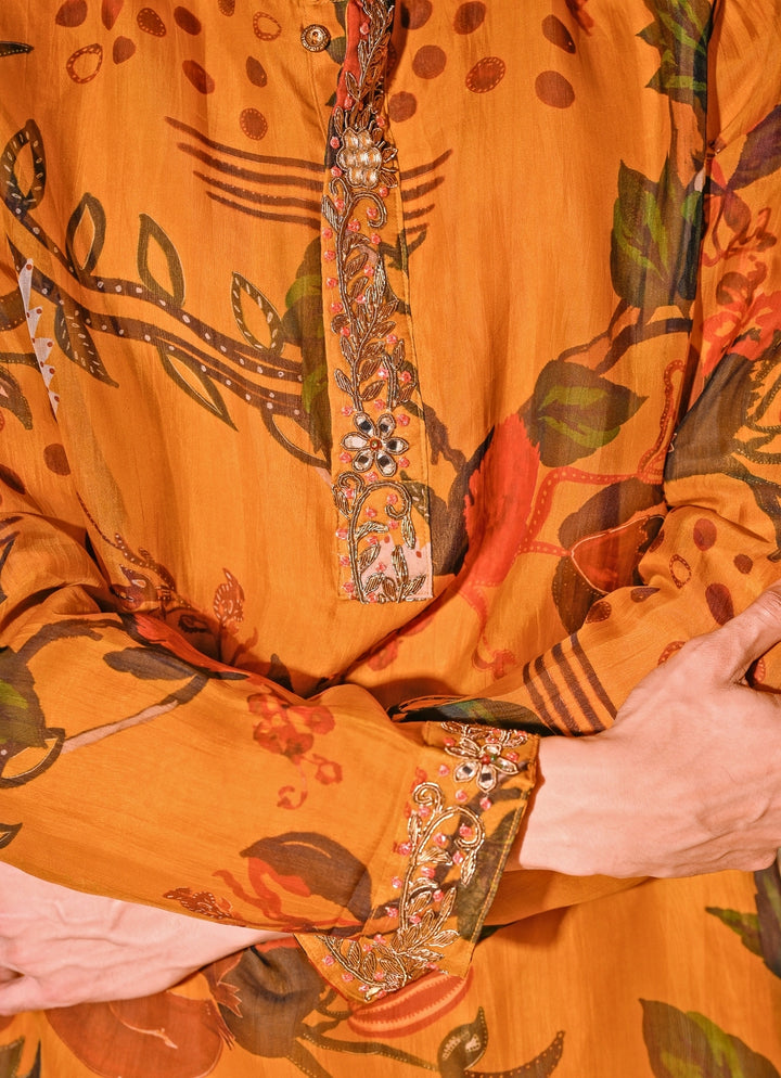 Mustard Yellow Printed Organza Kurta