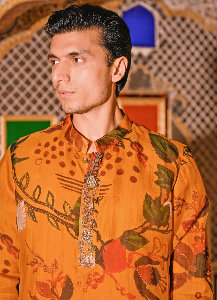 Mustard Yellow Printed Organza Kurta