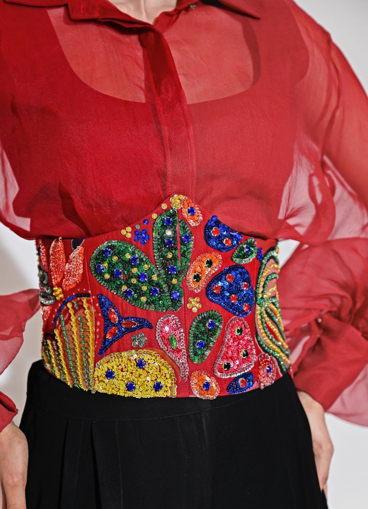 Red And Black Shirt Pants Set With Corset Belt