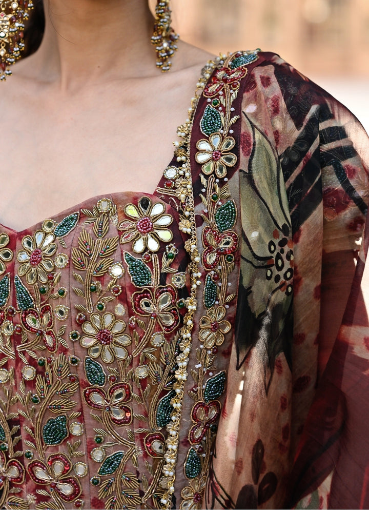 Maroon Red Printed Organza Corset Lehenga Set