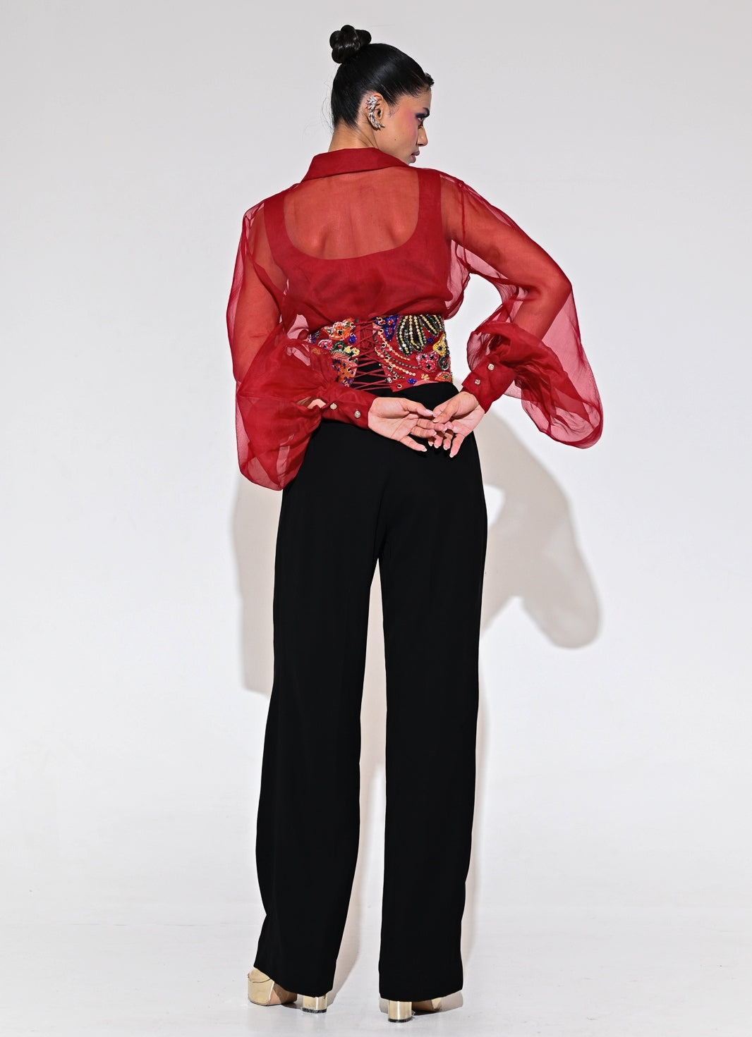 Red And Black Shirt Pants Set With Corset Belt