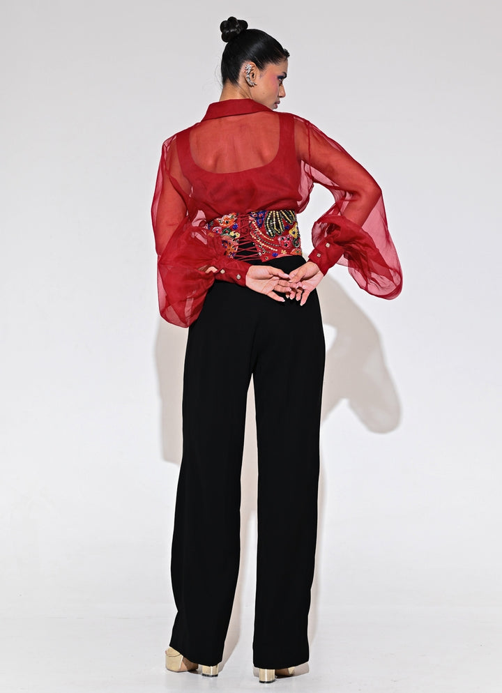 Red And Black Shirt Pants Set With Corset Belt
