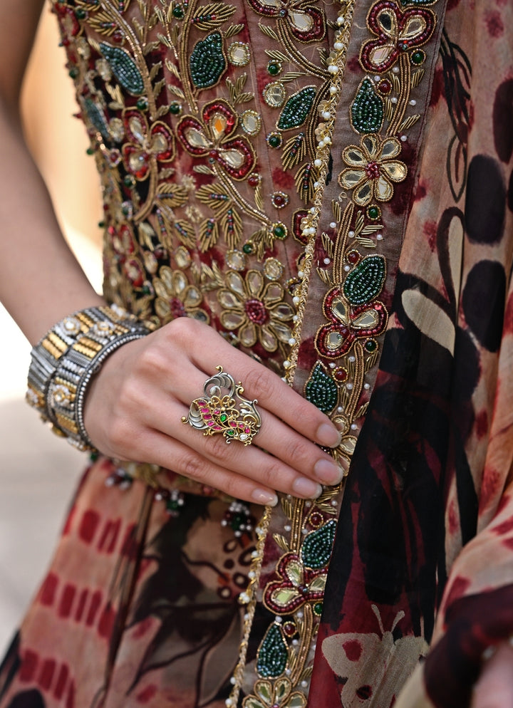 Maroon Red Printed Organza Corset Lehenga Set