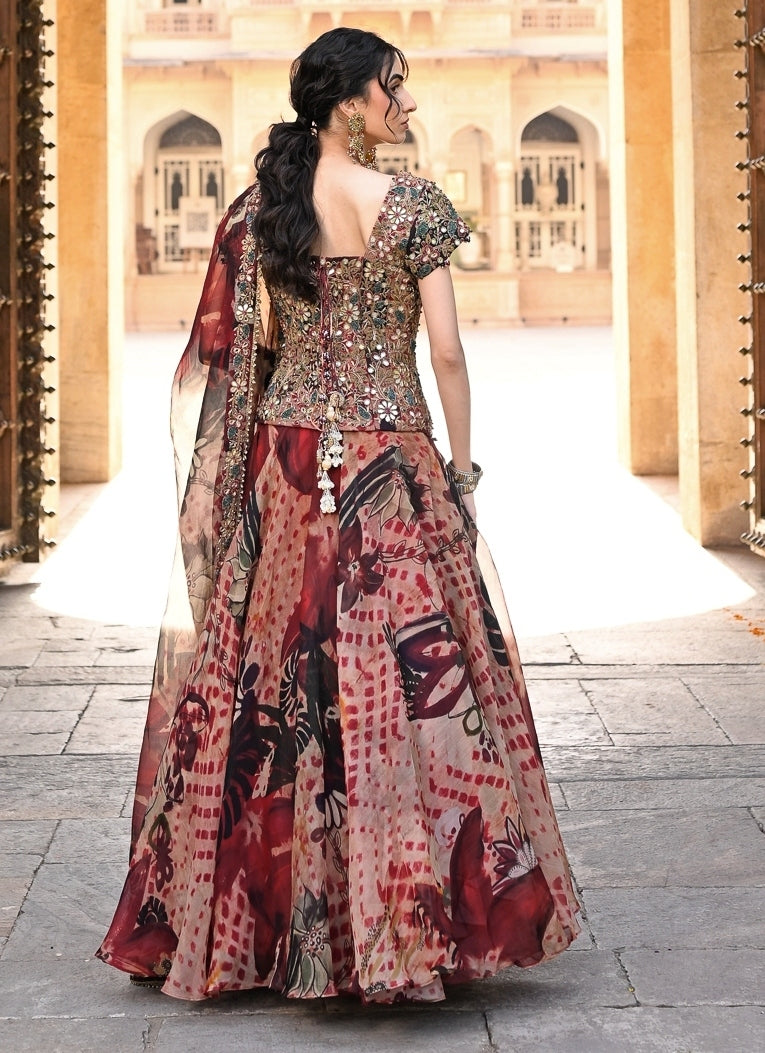 Maroon Red Printed Organza Corset Lehenga Set