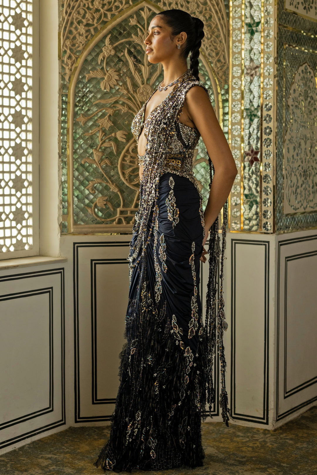 Midnight Blue Halterneck Shimmer Pre-Draped Saree