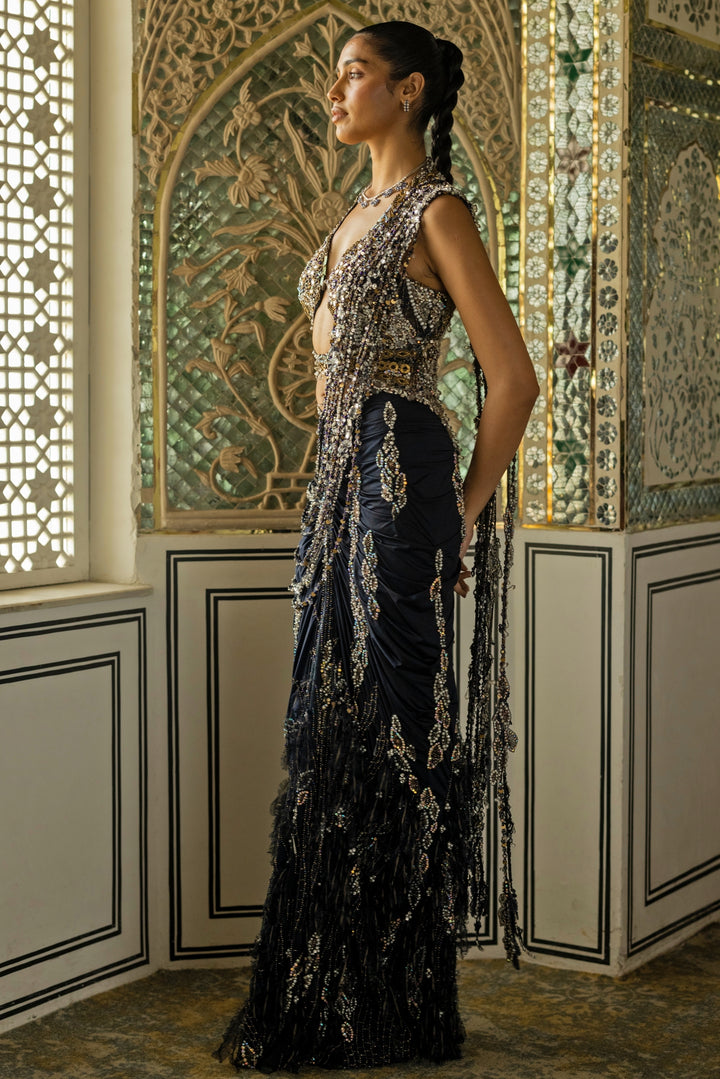Midnight Blue Halterneck Shimmer Pre-Draped Saree