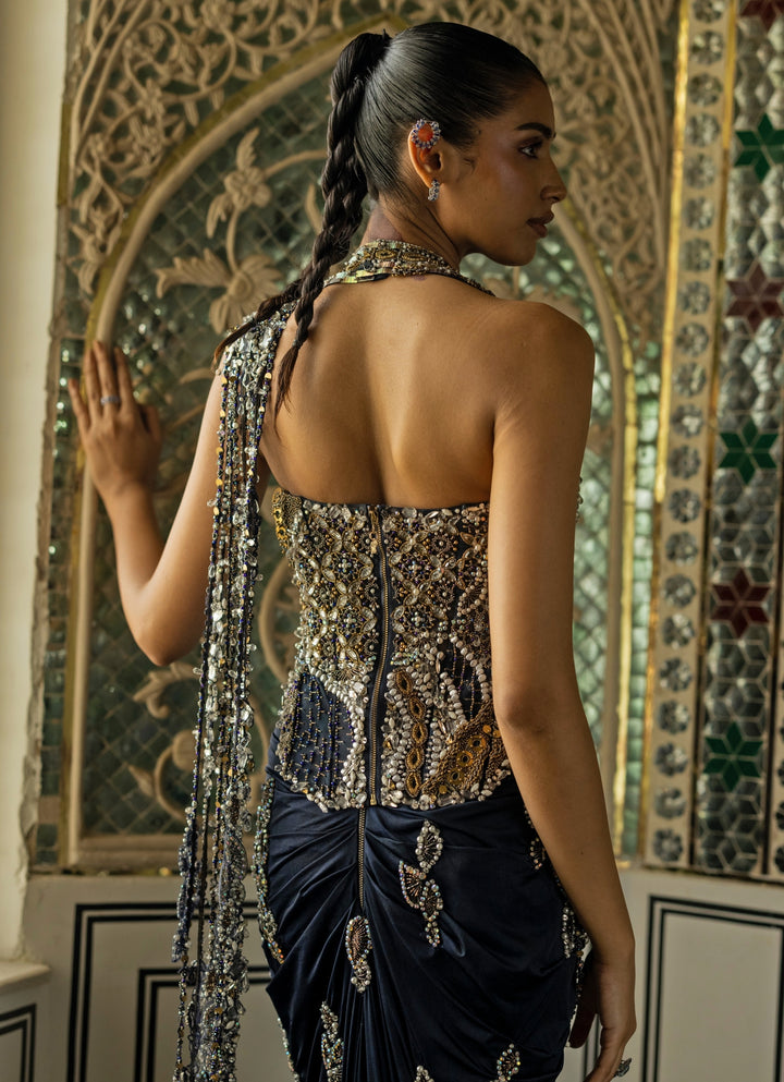 Midnight Blue Halterneck Shimmer Pre-Draped Saree