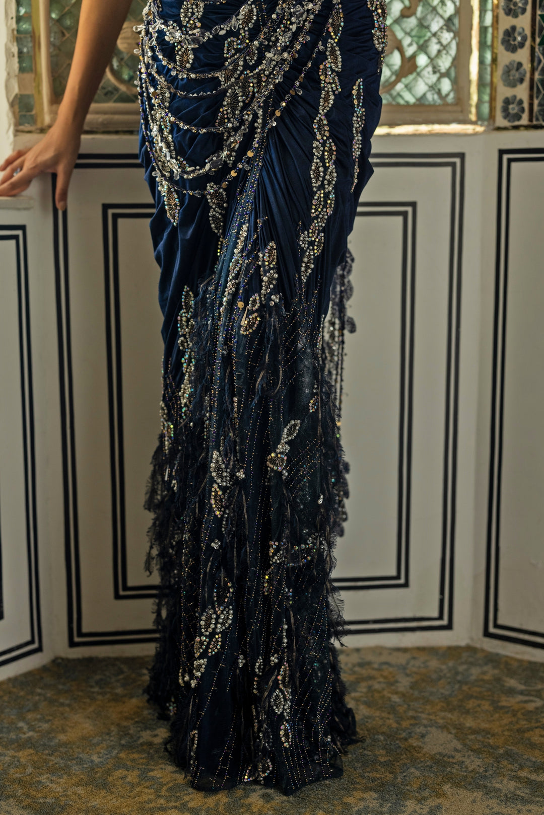 Midnight Blue Halterneck Shimmer Pre-Draped Saree