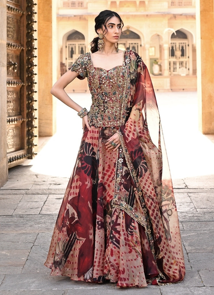 Maroon Red Printed Organza Corset Lehenga Set