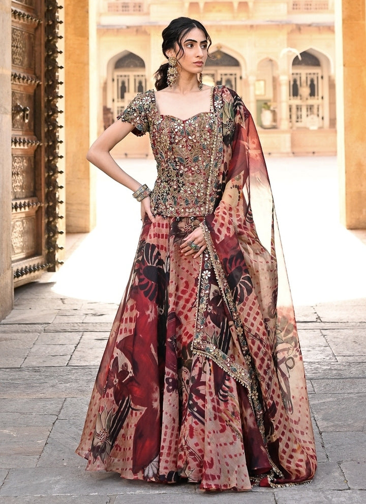 Maroon Red Printed Organza Corset Lehenga Set