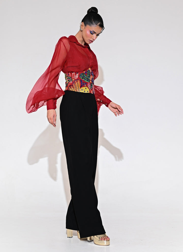 Red And Black Shirt Pants Set With Corset Belt