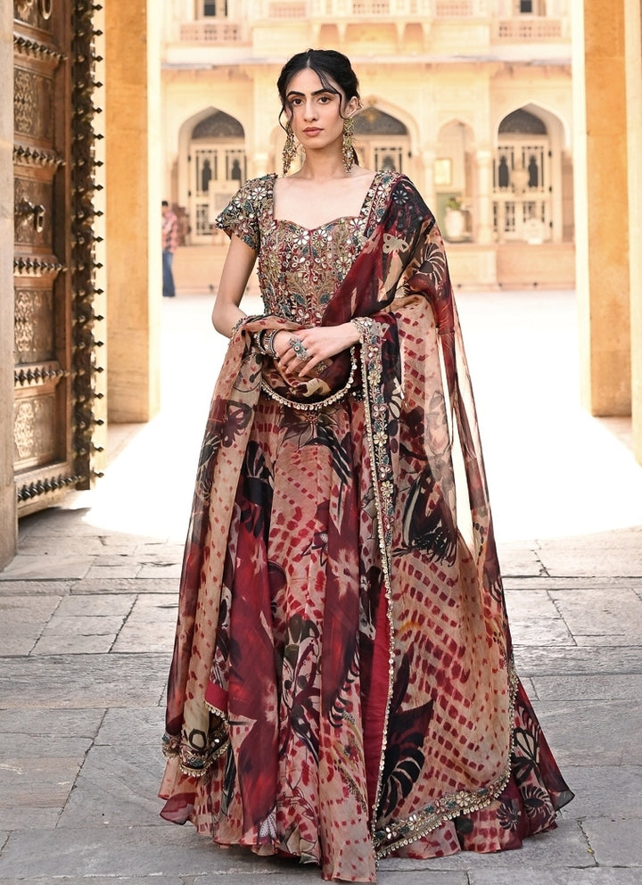 Maroon Red Printed Organza Corset Lehenga Set