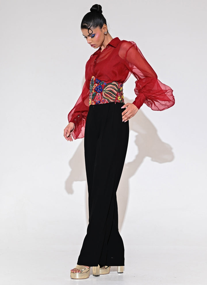 Red And Black Shirt Pants Set With Corset Belt