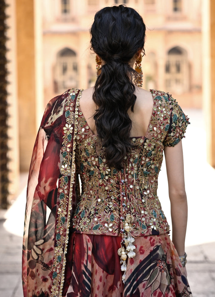 Maroon Red Printed Organza Corset Lehenga Set