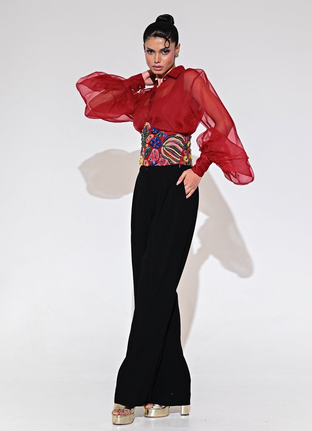 Red And Black Shirt Pants Set With Corset Belt