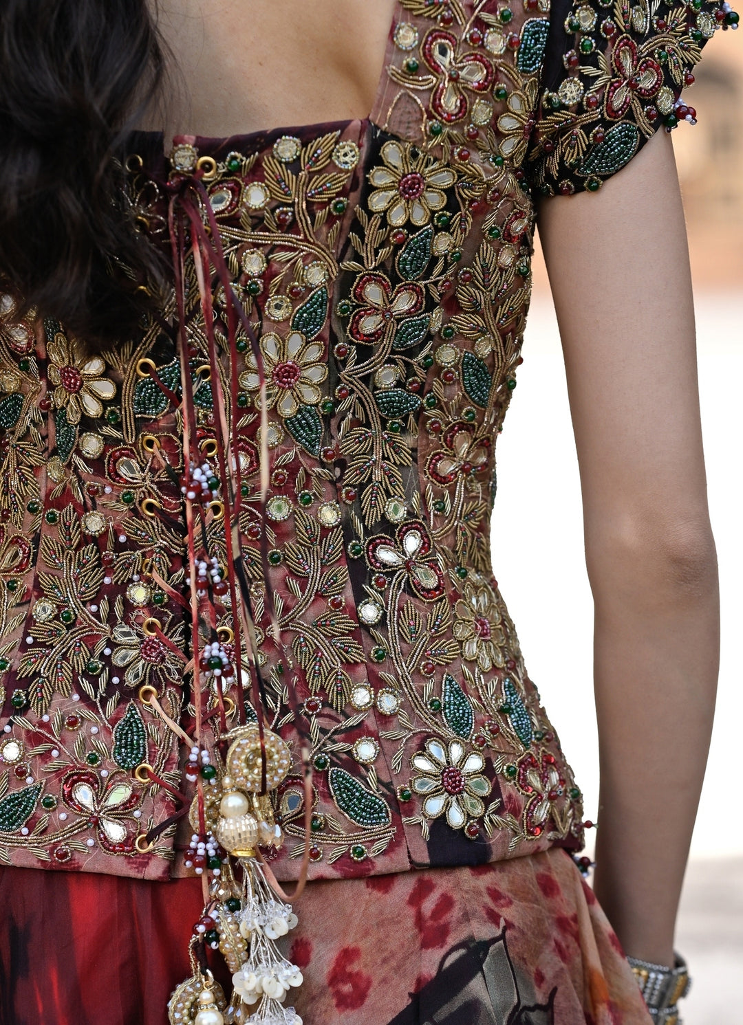 Maroon Red Printed Organza Corset Lehenga Set
