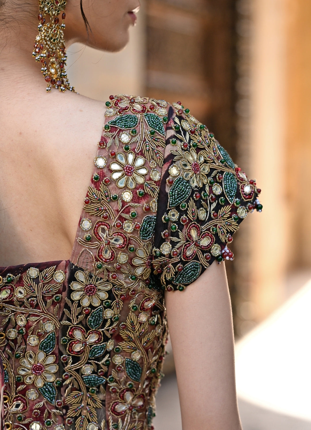 Maroon Red Printed Organza Corset Lehenga Set