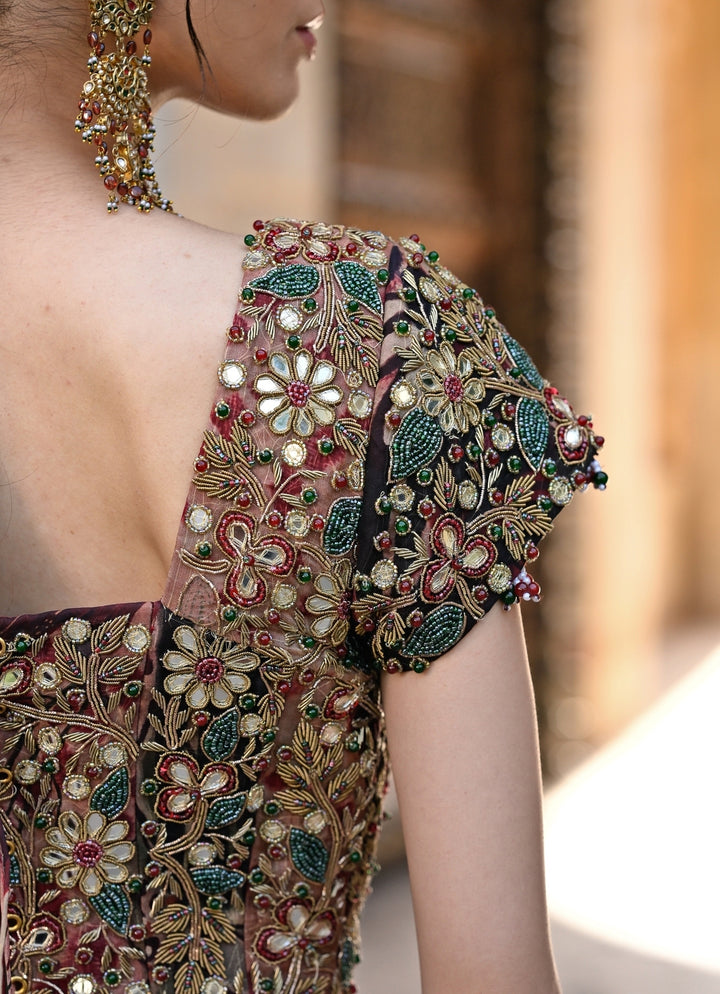 Maroon Red Printed Organza Corset Lehenga Set