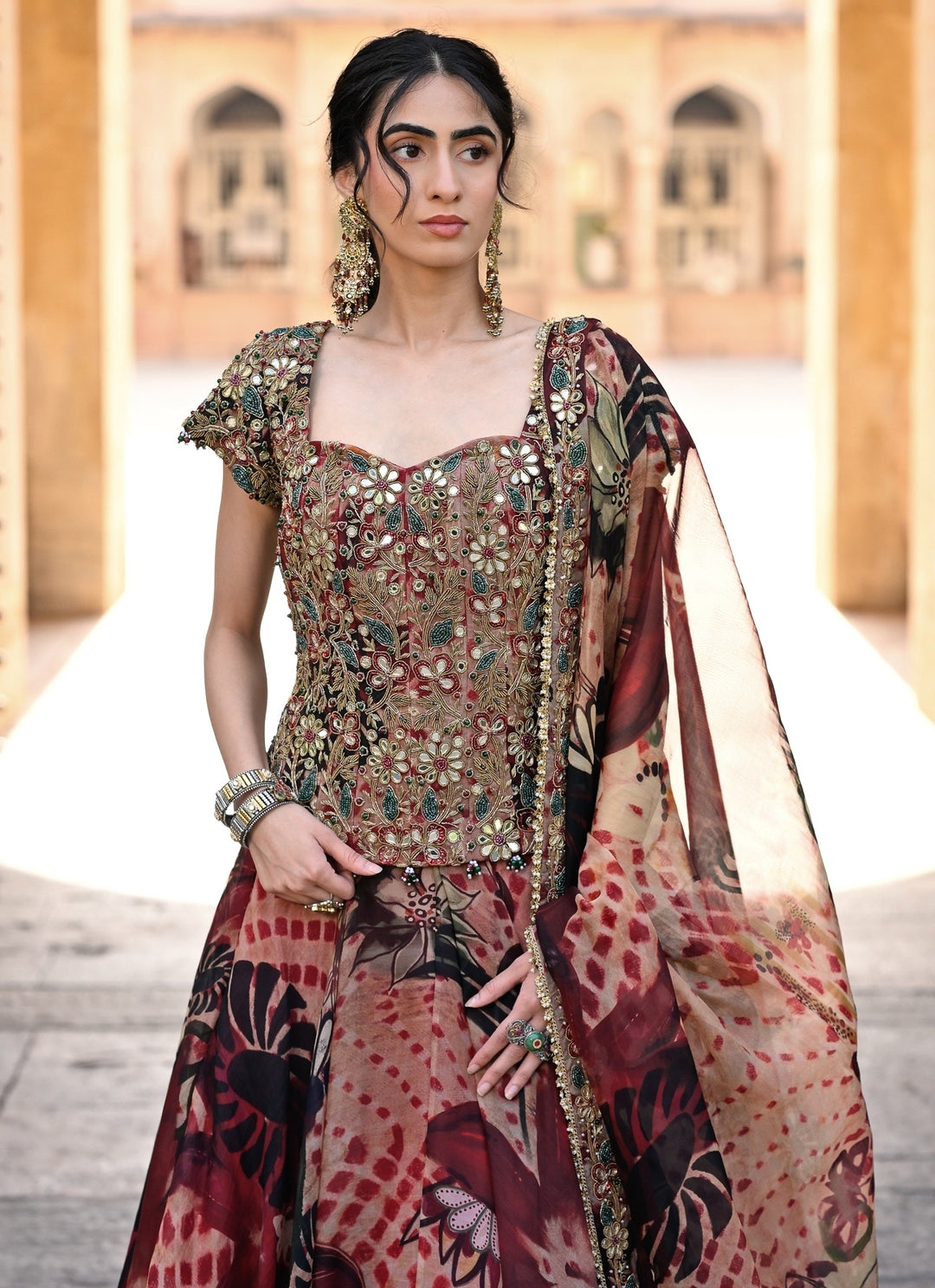Maroon Red Printed Organza Corset Lehenga Set