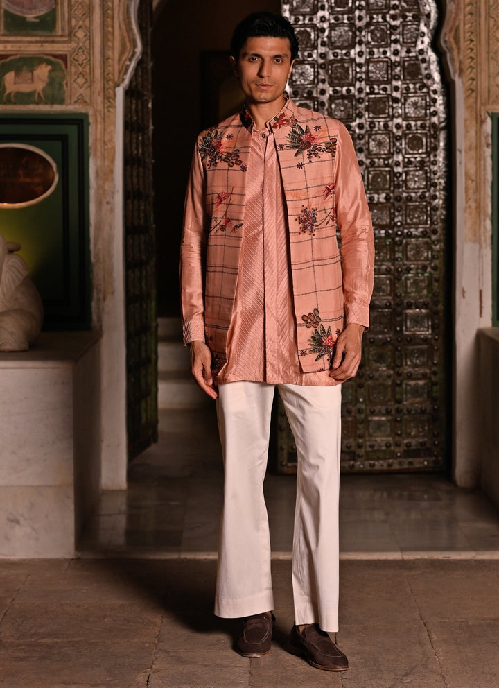 Blush Pink Kurta Set with Printed Organza Half Jacket