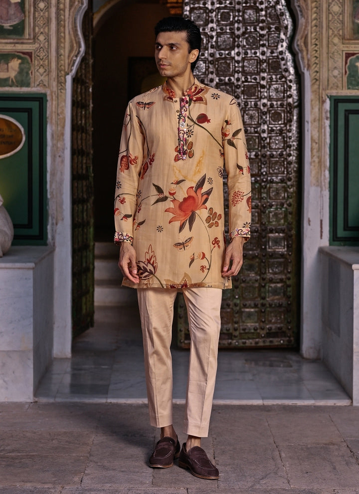 Muted Beige Pink Printed Organza Kurta Pants Set
