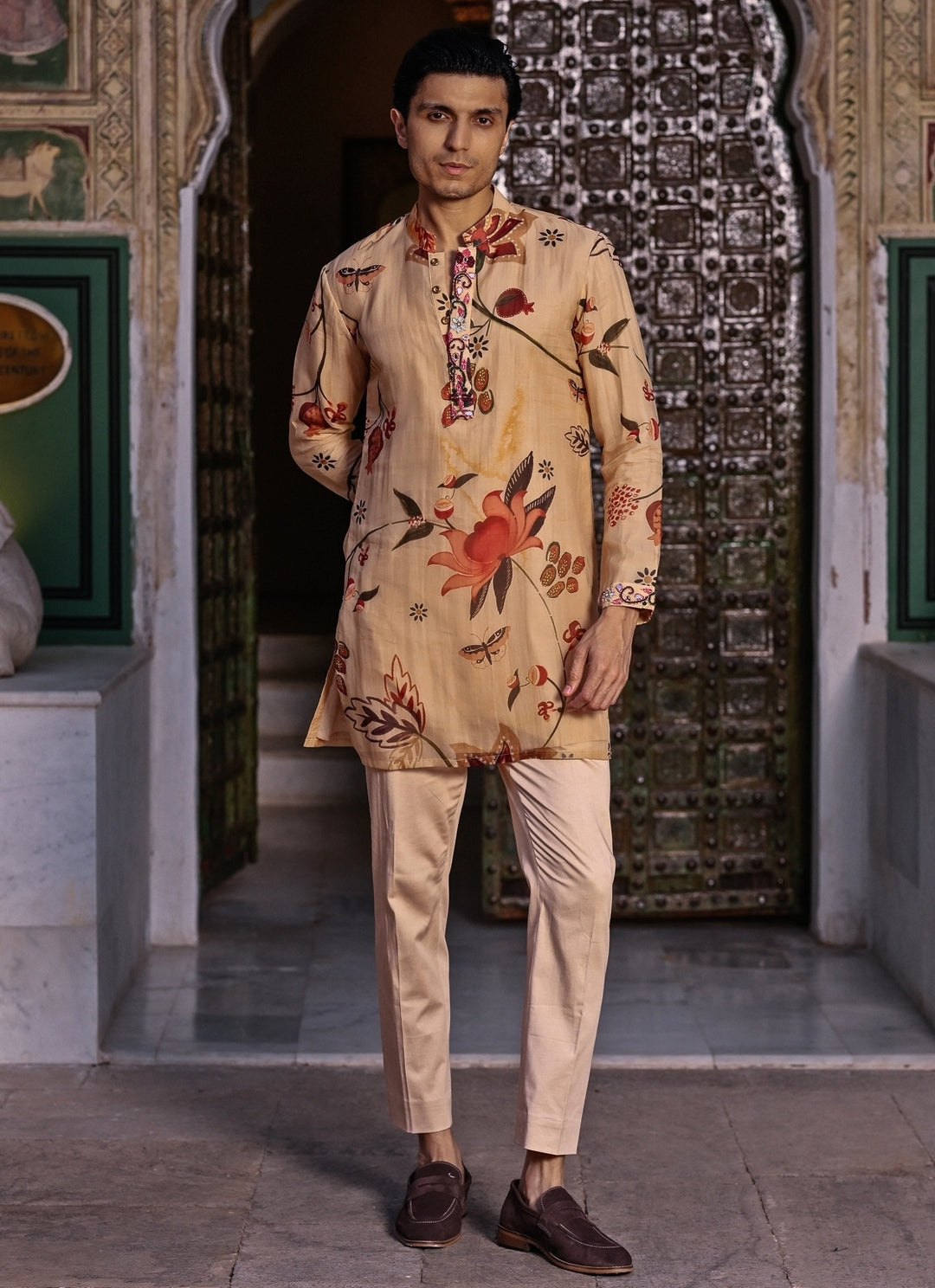 Muted Beige Pink Printed Organza Kurta Pants Set