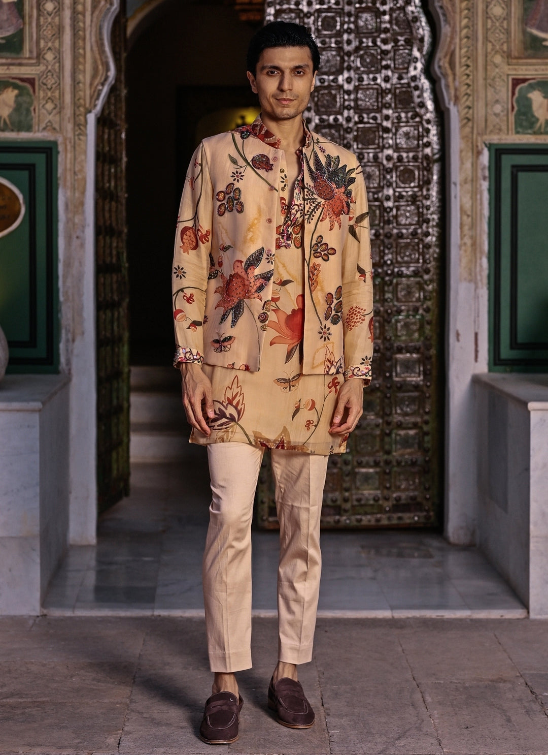 Muted Beige Pink Printed Organza Kurta Set with Bundi