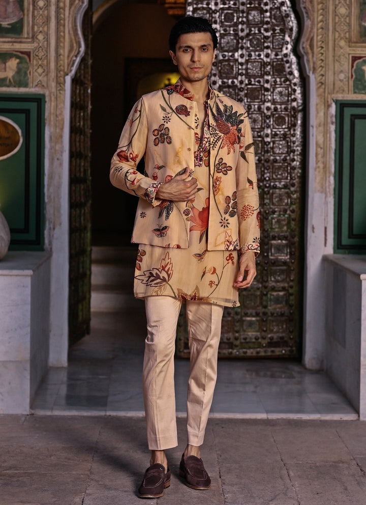 Muted Beige Pink Printed Organza Kurta Set with Bundi