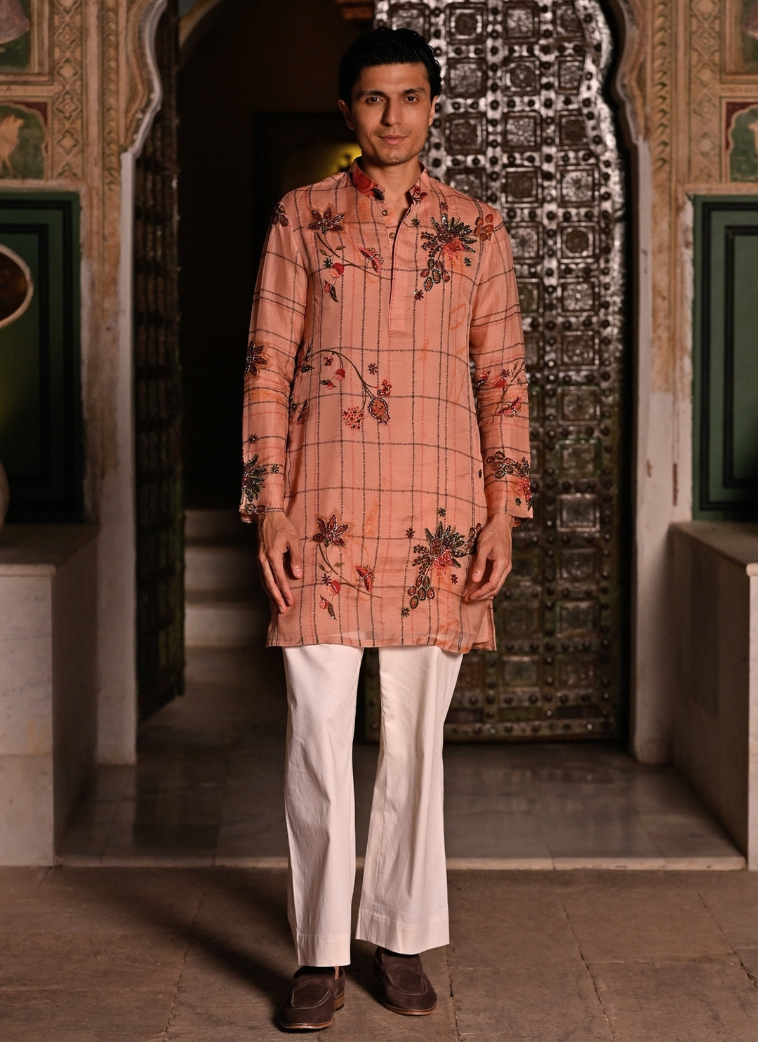Blush Pink Printed Organza Kurta Pants Set