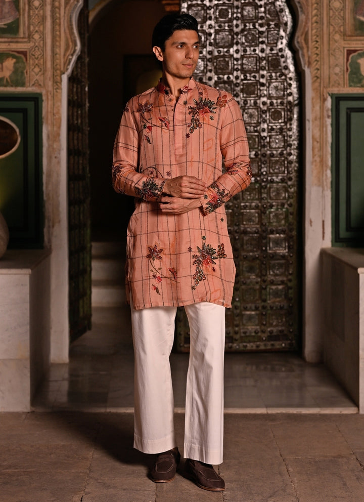 Blush Pink Printed Organza Kurta Pants Set