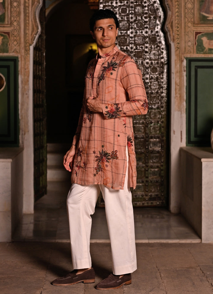 Blush Pink Printed Organza Kurta Pants Set