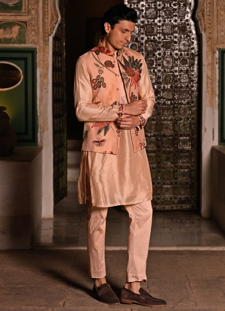 Muted Beige Pink Kurta Set with Printed Organza Bundi