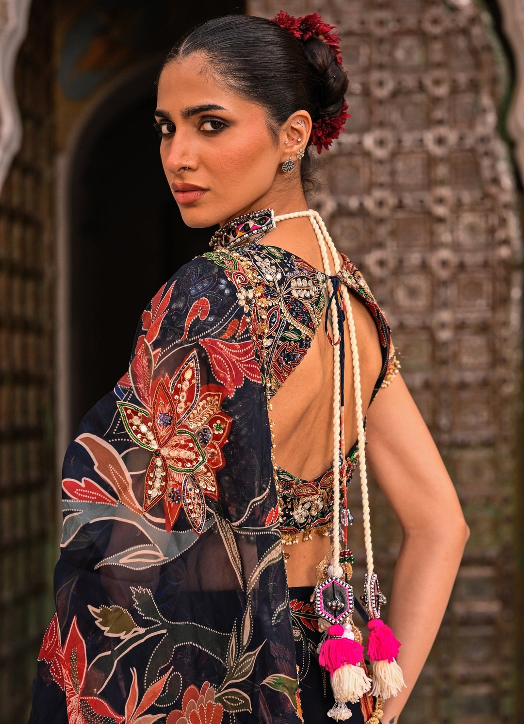 Midnight Blue Printed Organza Pre-Draped Saree