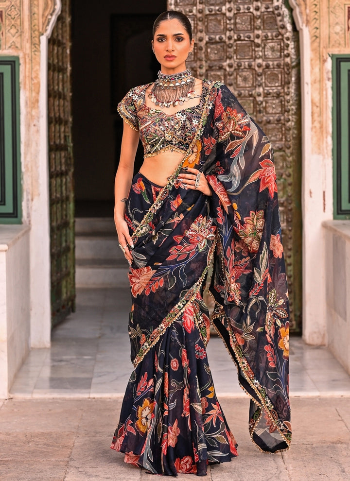 Midnight Blue Printed Organza Pre-Draped Saree