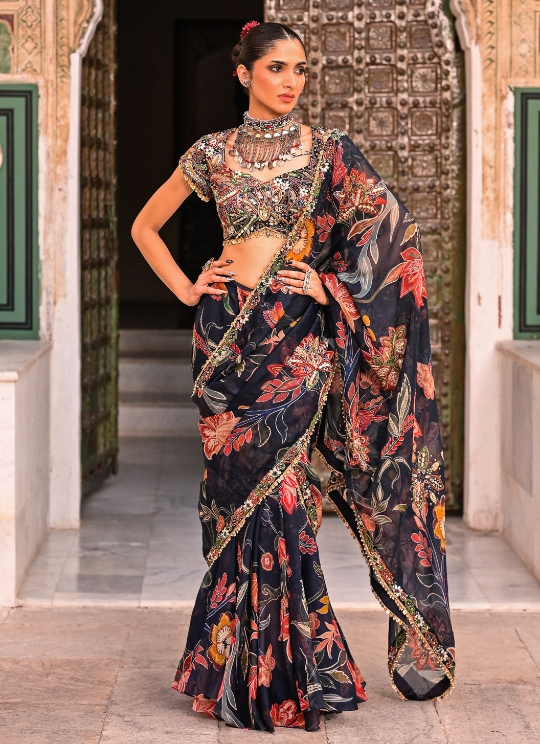 Midnight Blue Printed Organza Pre-Draped Saree