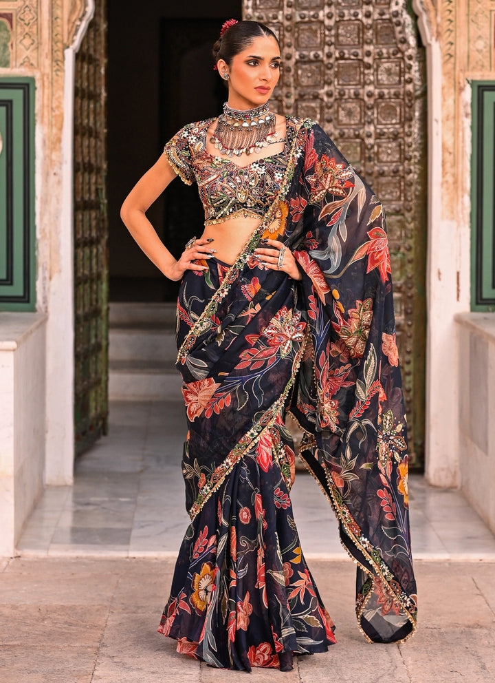 Midnight Blue Printed Organza Pre-Draped Saree