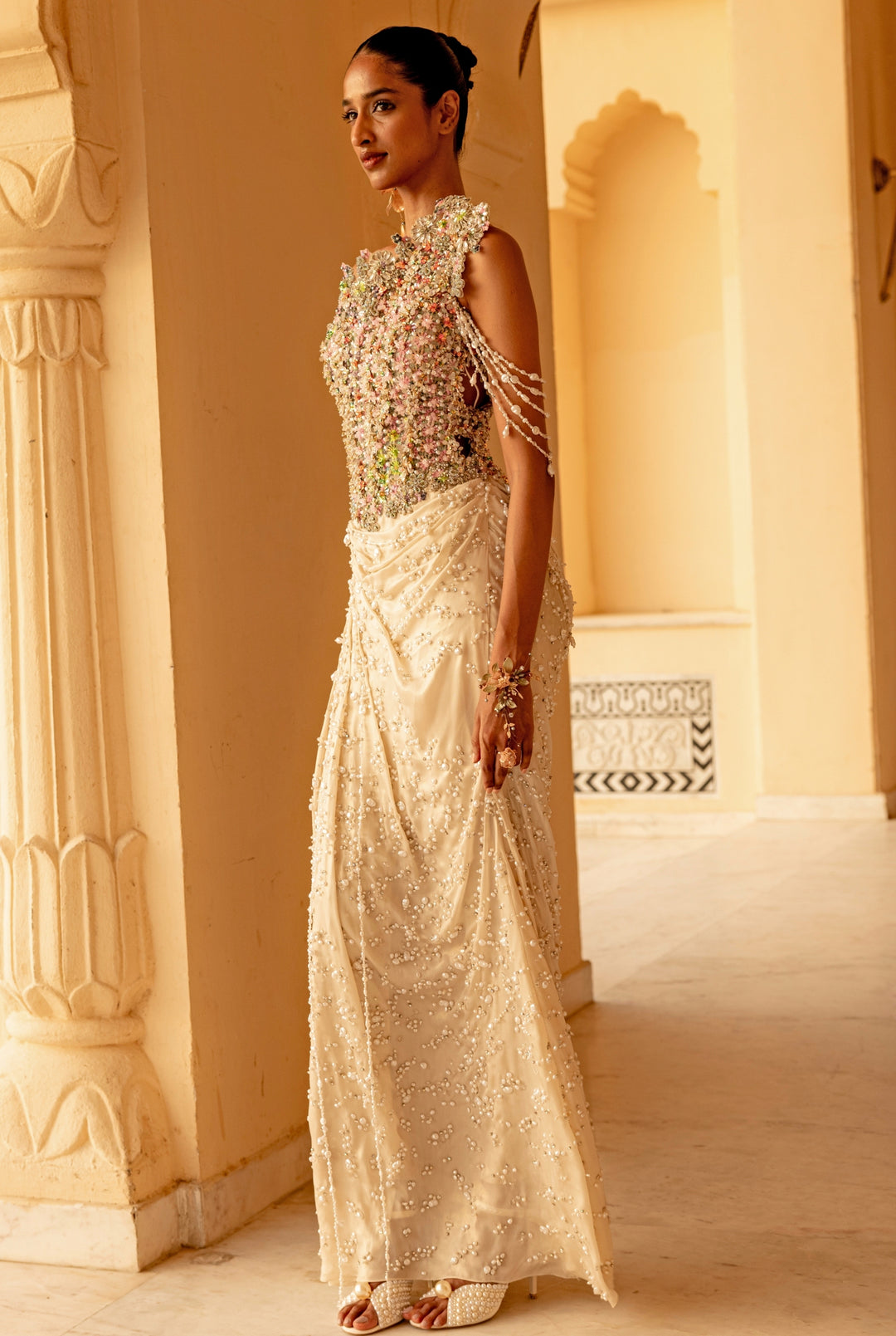 Ivory Georgette Pearl Concept Saree Gown