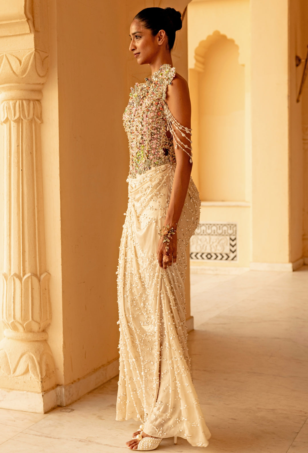 Ivory Georgette Pearl Concept Saree Gown