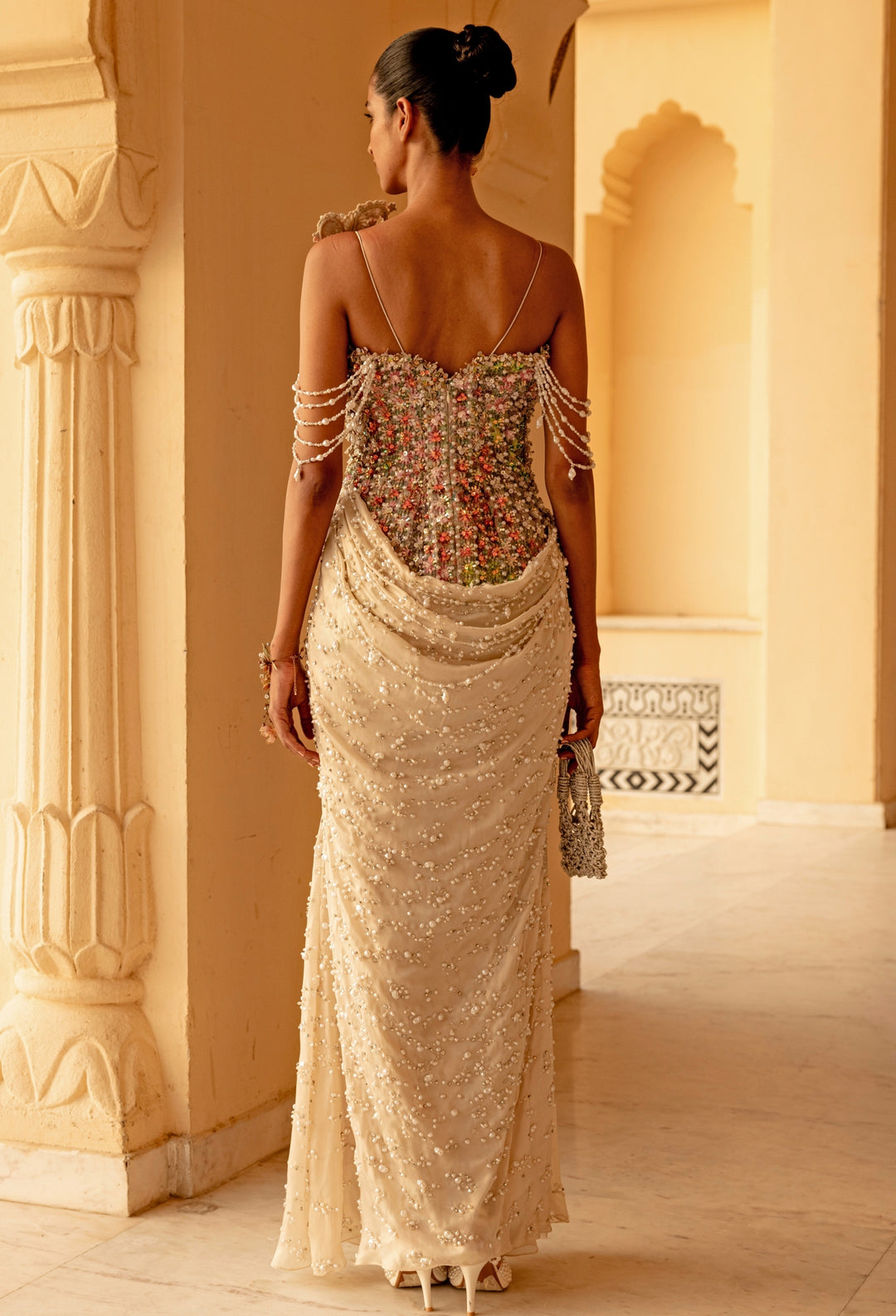 Ivory Georgette Pearl Concept Saree Gown