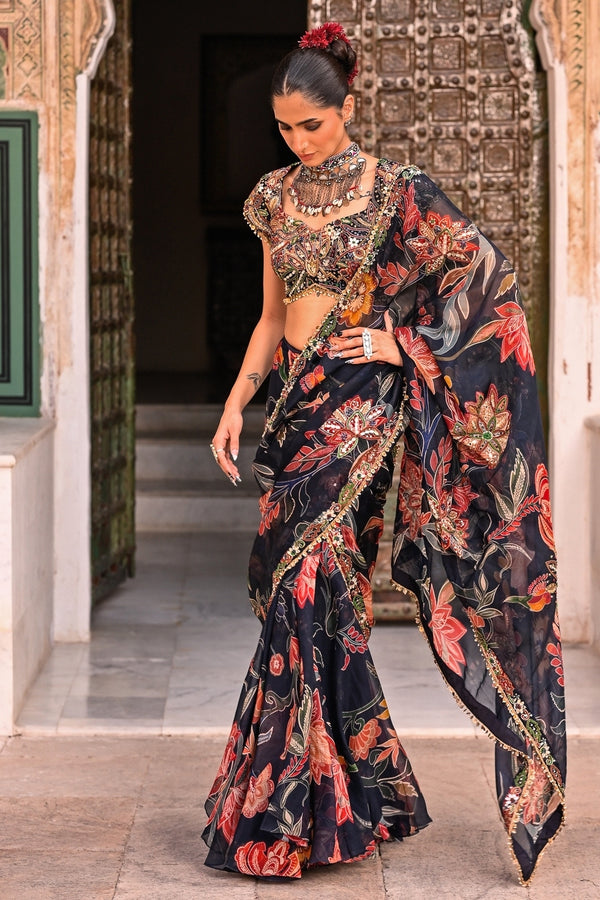 Juhi Bengani midnight blue printed organza pre-draped saree for a reception