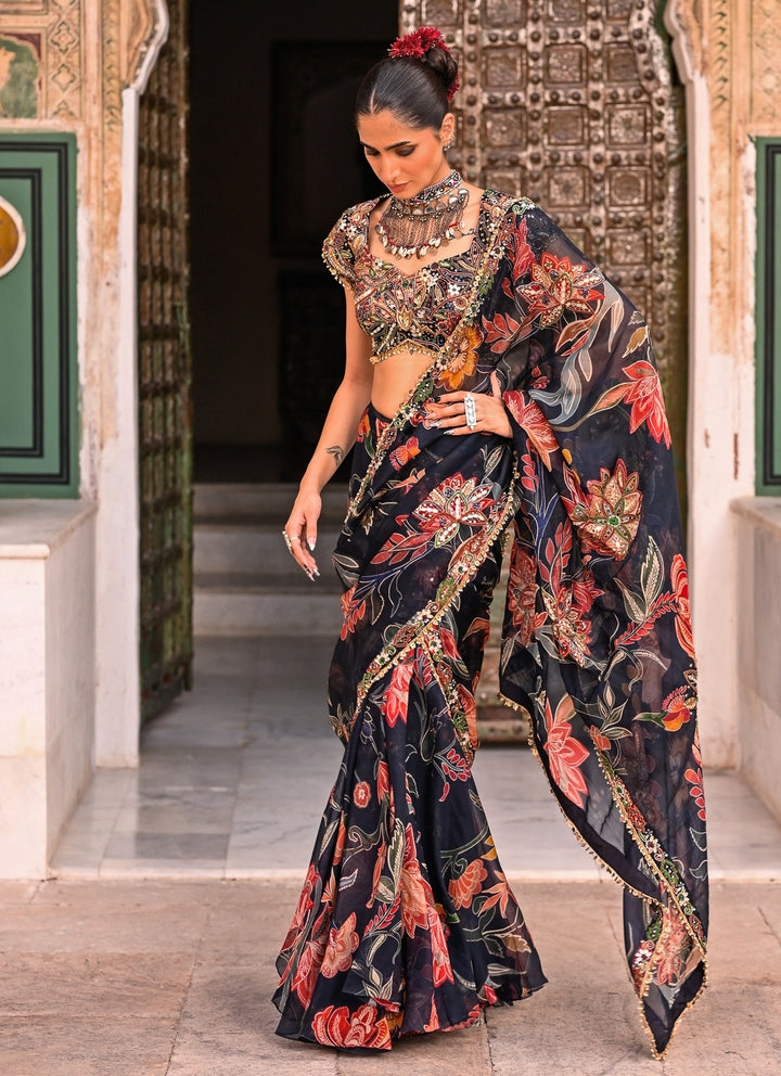 Midnight Blue Printed Organza Pre-Draped Saree