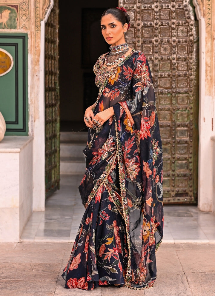 Midnight Blue Printed Organza Pre-Draped Saree